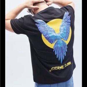 Men's Black Cotton T-Shirt Eternal Dawn Blue Macaw Graphic Print Fugazee XXL